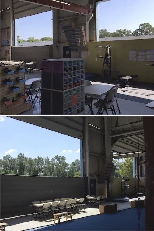 Open bay doors bringing natural light and fresh air into the seating area